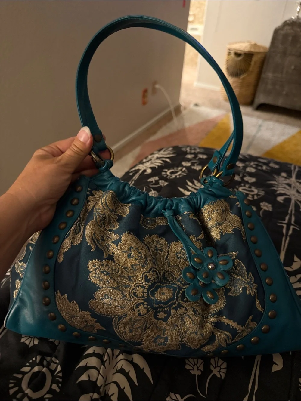 Isabella Fiore Teal Shoulder Bag with Gold Brocade